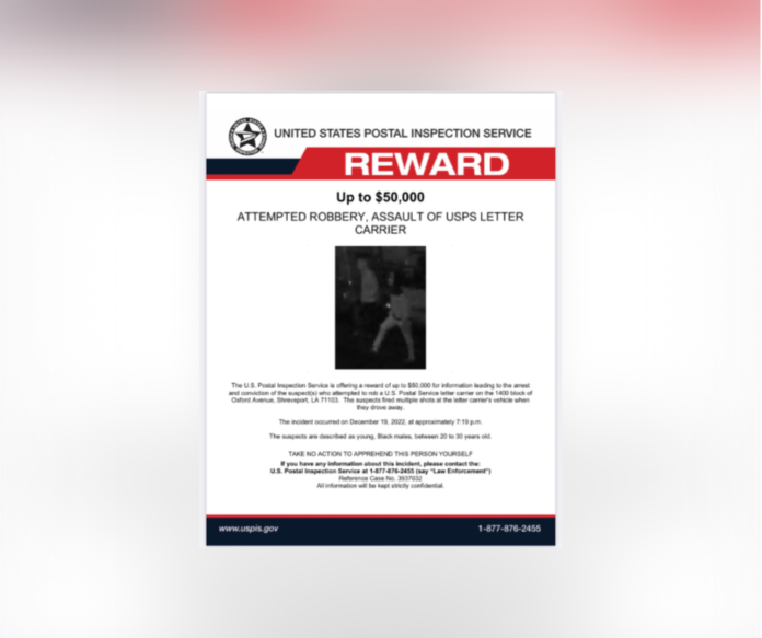 The U.S. Postal Inspection Service is offering a reward of up to $50,000 for information leading to the arrest and conviction of the suspect(s) who attempted to rob a U.S. Postal Service letter carrier