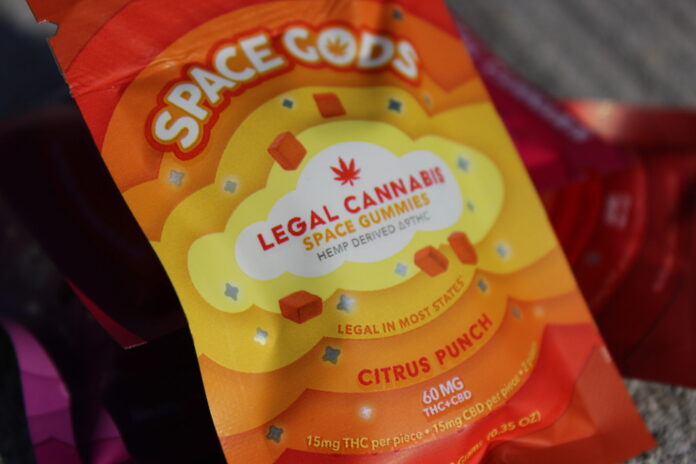 Hemp gummies purchased at a smoke shop in East Baton Rouge Parish on March 5, 2023, are currently in a legal gray area because they contain a total of 30 milligrams of THC per package. (Photo credit: Wes Muller/Louisiana Illuminator)