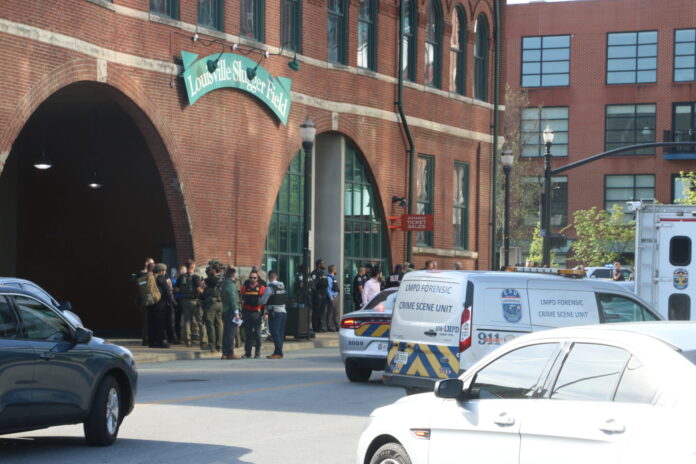 Five people were killed at a shooting Monday morning in downtown Louisville at Old National Bank near Slugger Field. (Kentucky Lantern photo by Liam Niemeyer)