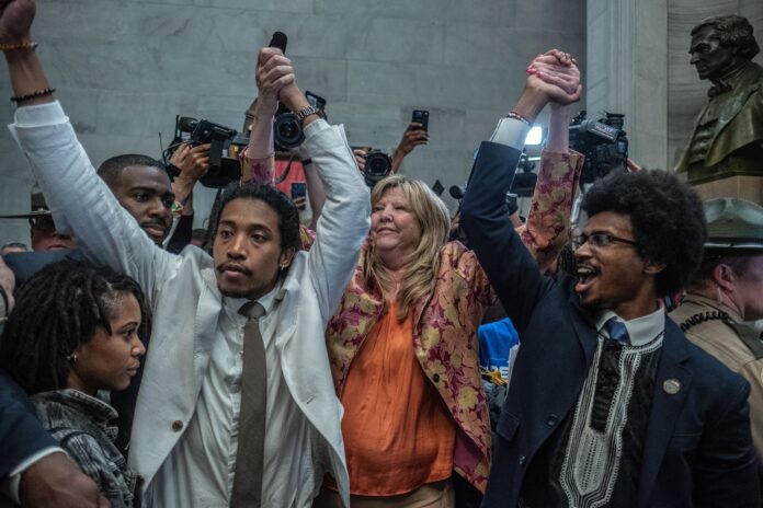 The “Tennessee Three:” Democratic Former Rep. Justin Jones, Nashville; Rep. Gloria Johnson, Knoxville; and former Rep. Justin Pearson, Memphis. The Tennessee General Assembly expelled Jones and Pearson on Thursday, April 6, over “decorum.” (Photo: John Partipilo”