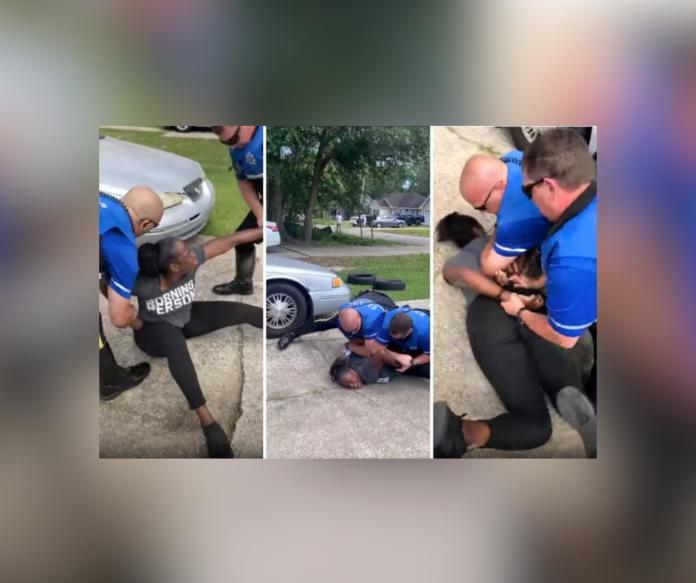 St. Tammany Parish Sheriff’s deputies Kyle Hart and Ryan Moring wrestle Teliah Perkins to ground, put their body weight on her and handcuff her after responding to an anonymous complaint about a woman riding a dirt bike without a helmet. Credit: From video in court records