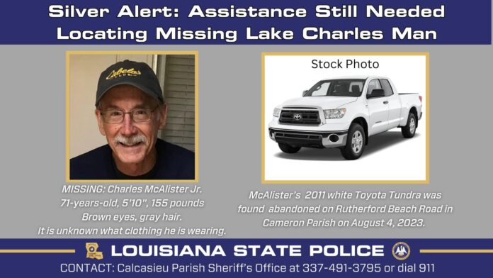 Missing: Charles McAlister Jr. Lake Charles Louisiana