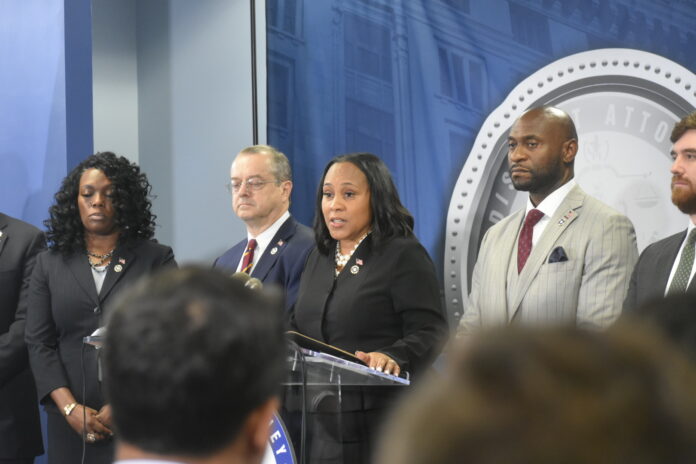 Fulton County District Attorney Fani Willis discusses the indictments against former President Donald Trump and 18 others on Monday, Aug. 14, 2023. (Ross Williams/Georgia Recorder)