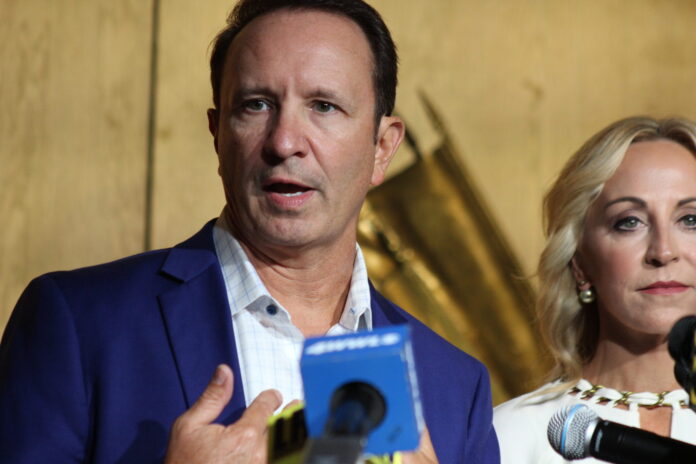 Attorney General Jeff Landry speaks to reporters after qualifying for the governor’s race Wednesday, Aug. 9, 2023, at the Louisiana State Archives building in Baton Rouge. (Wes Muller/Louisiana Illuminator)