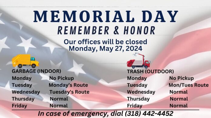 Pineville Offices Closed for Memorial Day: Sanitation Schedule Adjustments Announced