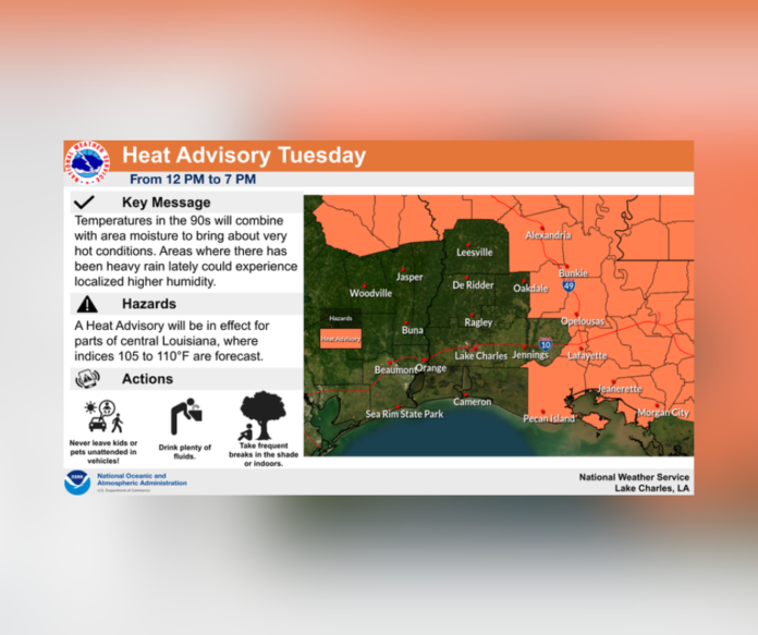 Heat Advisory Issued for Central Louisiana: Temperatures Soar with High Heat Index (Image source: NWS)