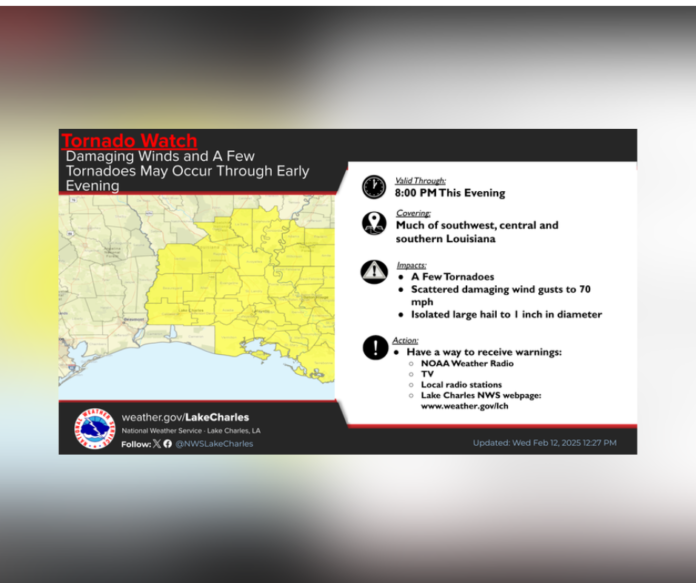 Tornado Watch Issued for Central and Northern Louisiana, Including Southern Parishes, Until 8 PM CST