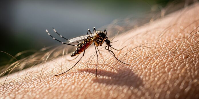 Close-up of mosquito on human skin, representing spread of West Nile virus in Louisiana.