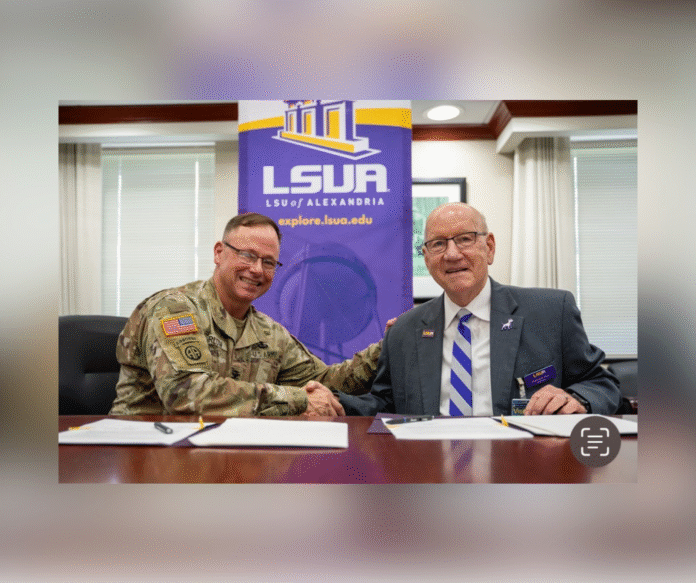 LSUA Partners with U.S. Army Garrison Fort Polk to Expand Educational Opportunities for Military Community (Photo credit - LSUA Strategic Communications Image [L-R] - Col. Adam Barlow, Fort Polk Garrison Commander and Dr. Paul Coreil, LSUA Chancellor)