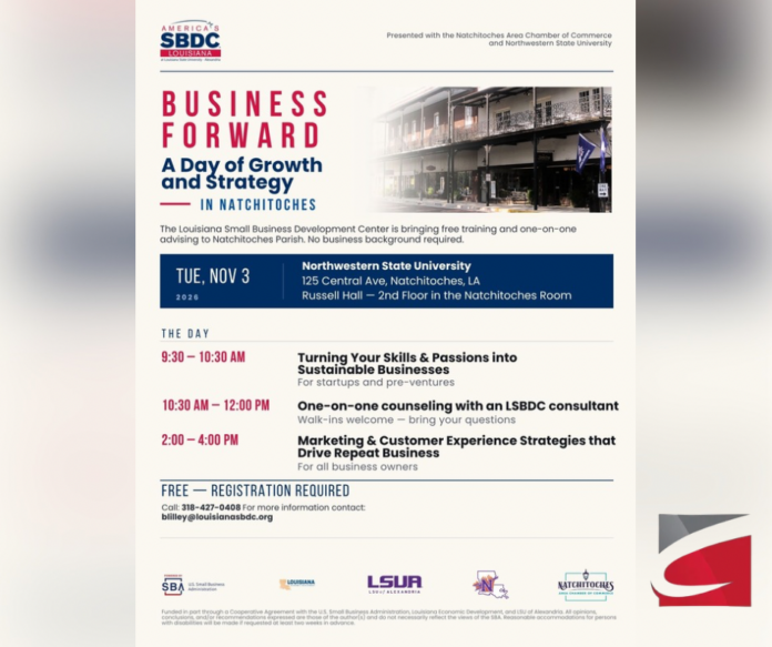 Free Business Training and One-on-One Counseling Coming to Natchitoches November 3